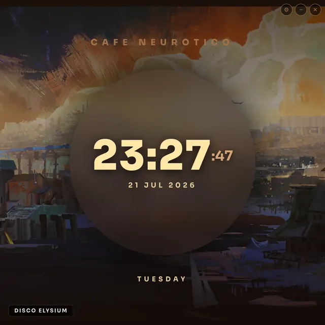 CREMA Splash mode: a large frosted-glass circle over blurred Disco Elysium art, framing the time, date and day