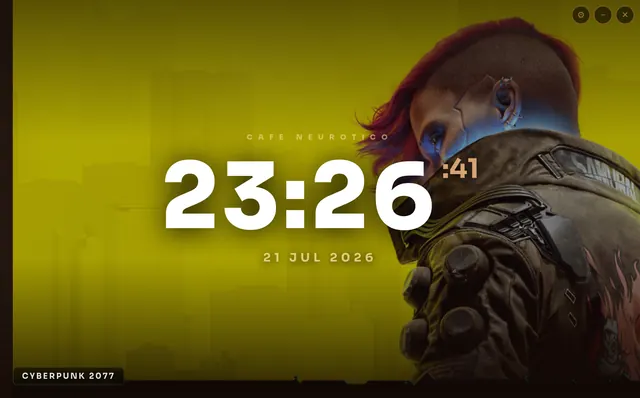 Ken Burns mode: Cyberpunk 2077 key art filling the window, the time in large white numerals over it, and the game's name in a label at the bottom-left