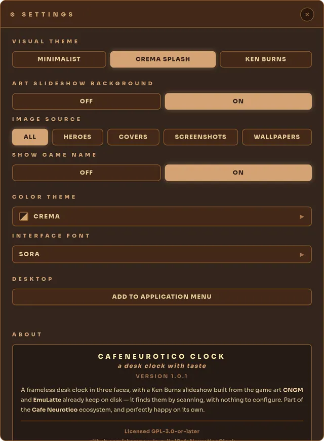 The settings panel: visual theme, art slideshow, image source, colour theme and interface font, above an About section showing version 1.0.1