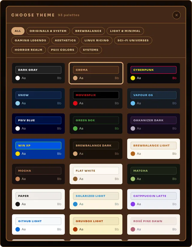 The colour-theme picker: a card grid of 93 palettes, each previewed in its own colours, with category filter chips across the top