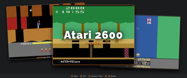 Couch Mode's start carousel, showing systems as large cards with Atari 2600 selected