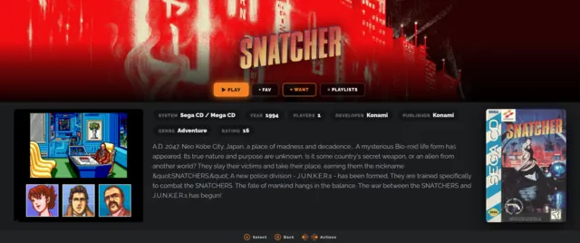 The Couch Mode game page for Snatcher on Sega CD, with hero art, metadata and screenshots