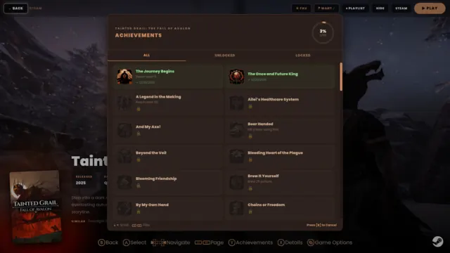 An achievements list showing unlocked and locked entries with a completion percentage