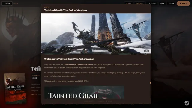 A details panel with the full store description and screenshots for Tainted Grail
