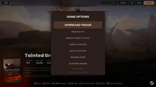 A game options menu with trailer, playlist, rename and scraping entries