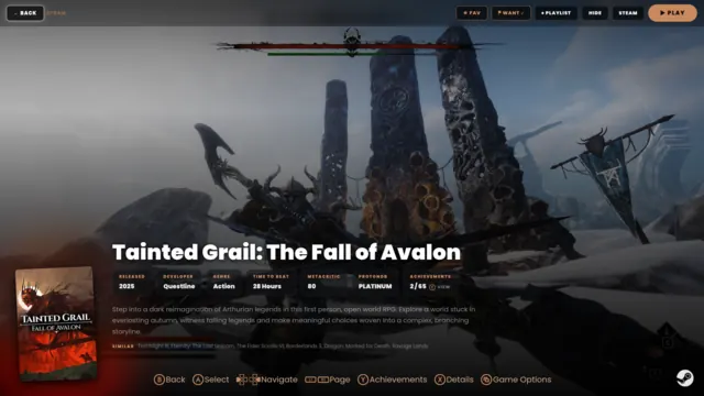 CREMA's immersive game page for Tainted Grail, with full-bleed art and info chips