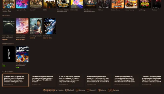 Wishlist prices, free-this-week giveaways and gaming news headlines on CREMA's home screen