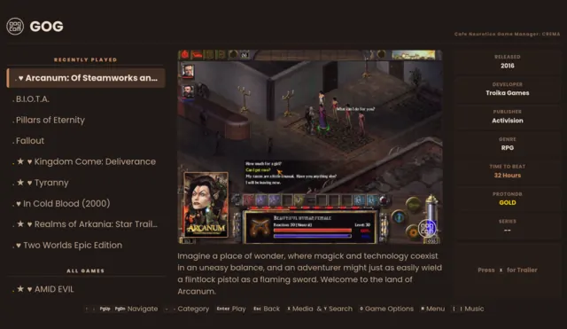 CREMA's classic list layout: a recently-played list beside a gameplay screenshot, box art and a metadata column