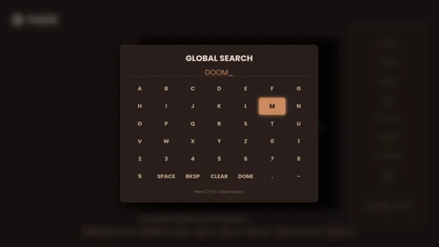 An on-screen keyboard for searching the library with a gamepad