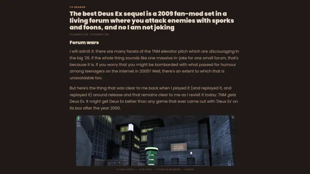 A gaming news article rendered in large type for reading from a TV