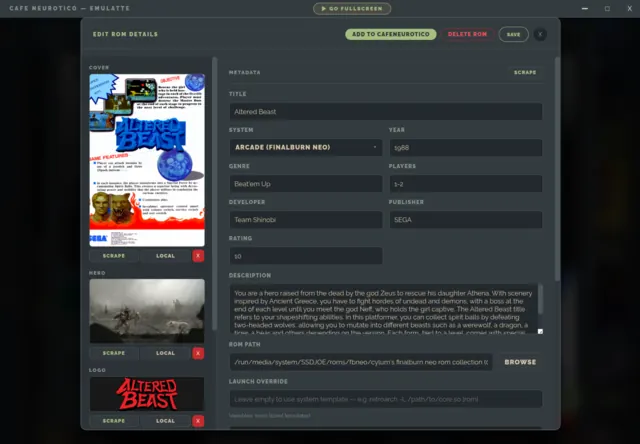 The edit screen for Altered Beast, showing editable metadata fields beside the cover, hero and logo art slots