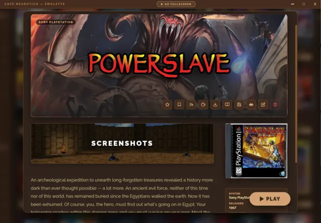 The game page for PowerSlave on PlayStation: hero art with the game's logo, a row of action buttons, screenshots, and the boxart in a jewel case beside a Play button