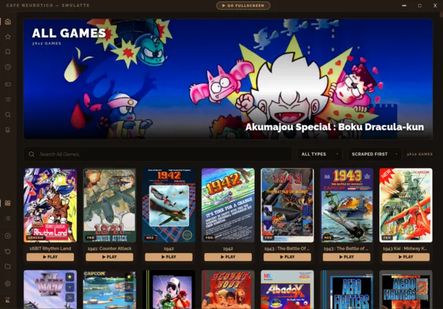 The library view: a wide hero banner above a grid of game covers, with a search bar and system rail