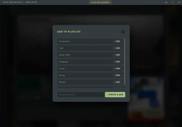 The Add to Playlist dialog listing playlists such as Arcade Best, Fight, Multiplayer and Racing