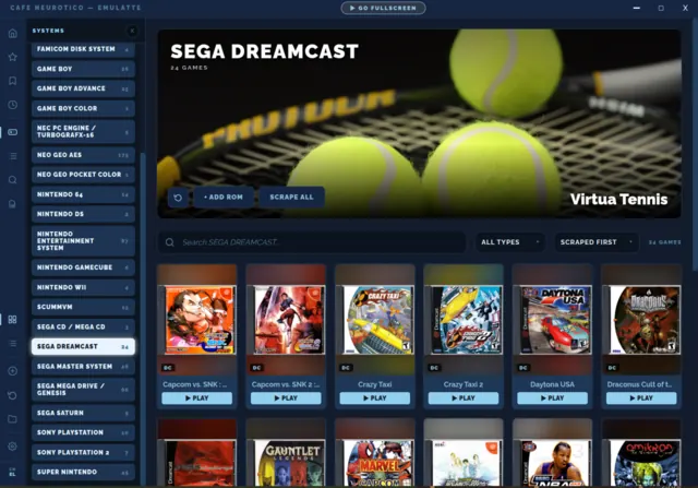 The Sega Dreamcast system filtered in the sidebar, with its own hero art and cover grid below