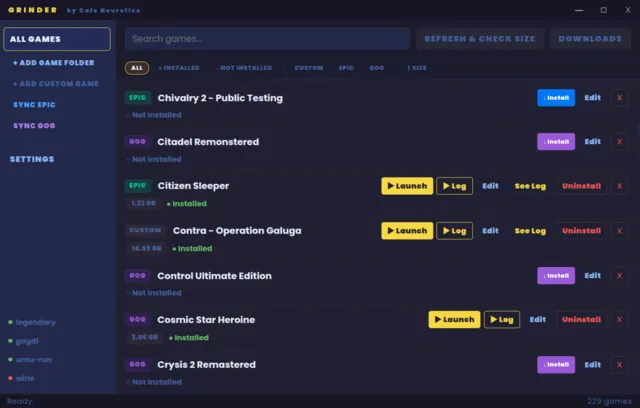 GRINDER's list of GOG, Epic and custom games with install, launch and log buttons