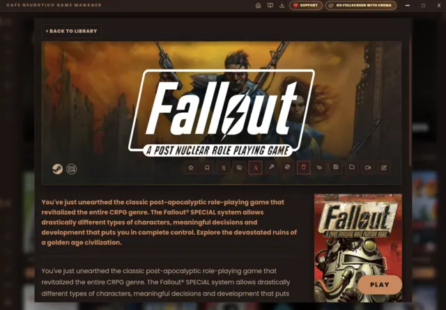 A game page floating over the library, showing Fallout's hero art and action buttons