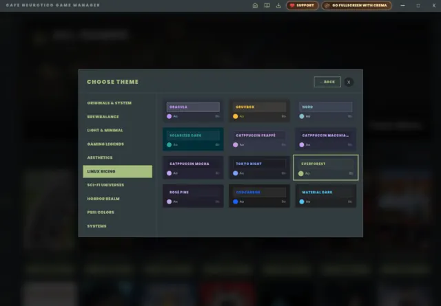 The theme picker, showing the Linux Ricing family of colour schemes