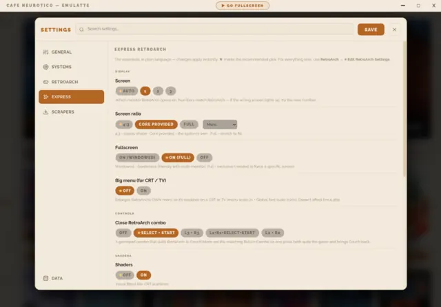 The Express RetroArch settings pane in a light theme, with plain-language options for screen, ratio and shaders