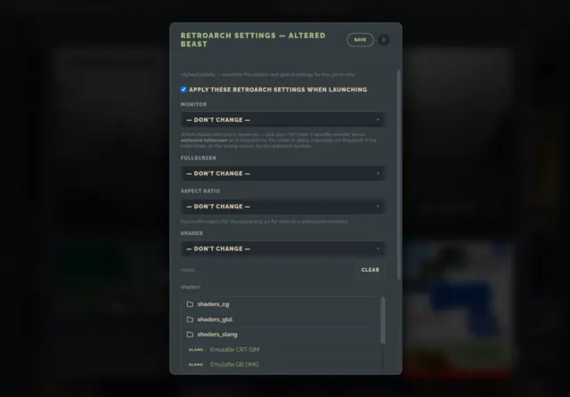 Per-game RetroArch settings for Altered Beast, overriding monitor, fullscreen, aspect ratio and shader