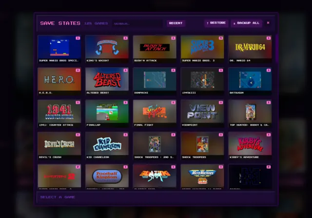 The save-state manager: a grid of save thumbnails across 125 games, styled like a console memory card