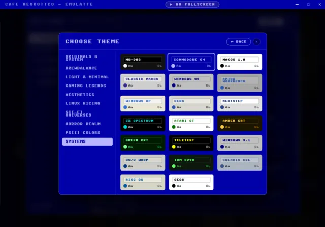 The theme picker open on the Systems family, each swatch previewing a retro operating system in its own era typeface